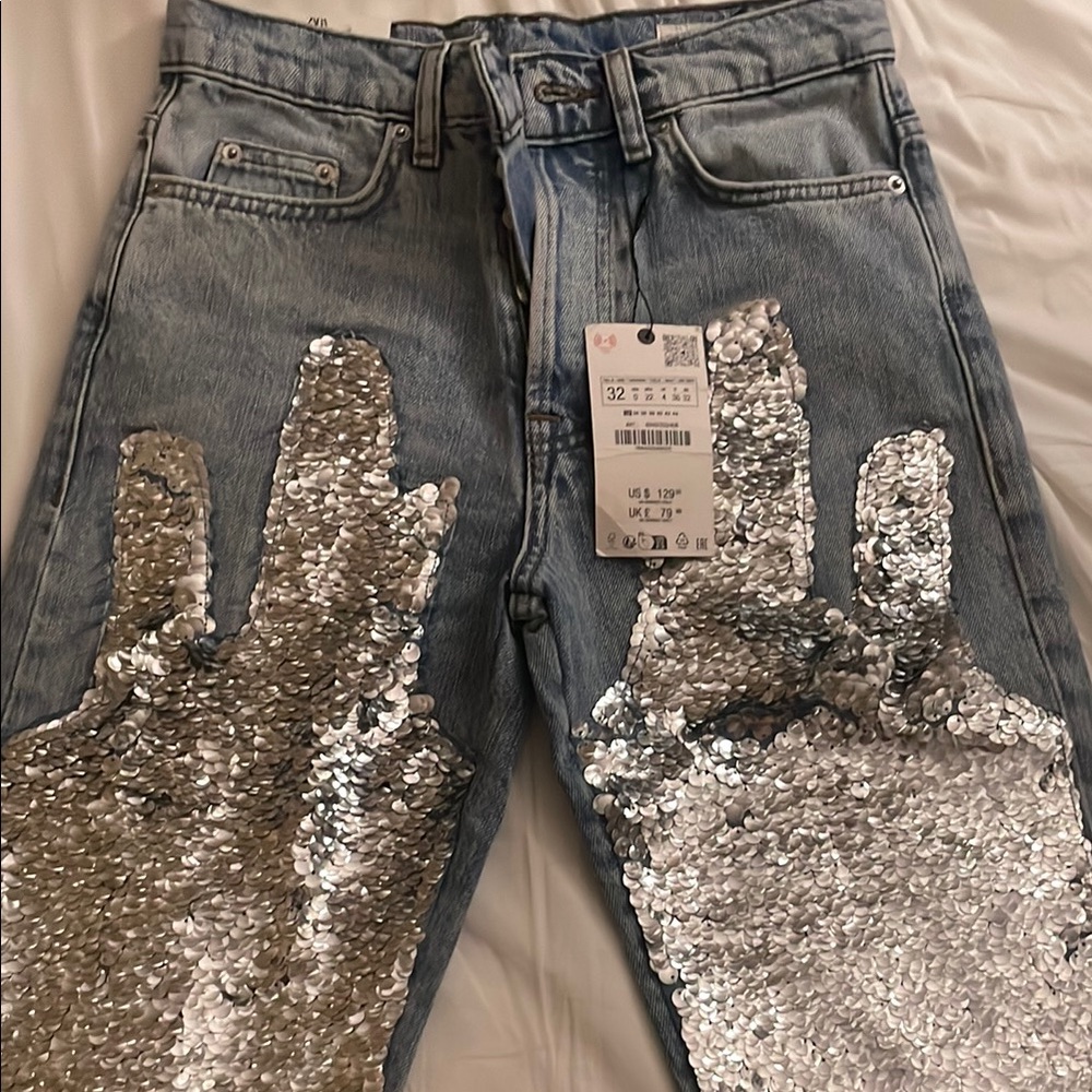 Zara Silver Sequin Embellished Straight Leg Jeans
